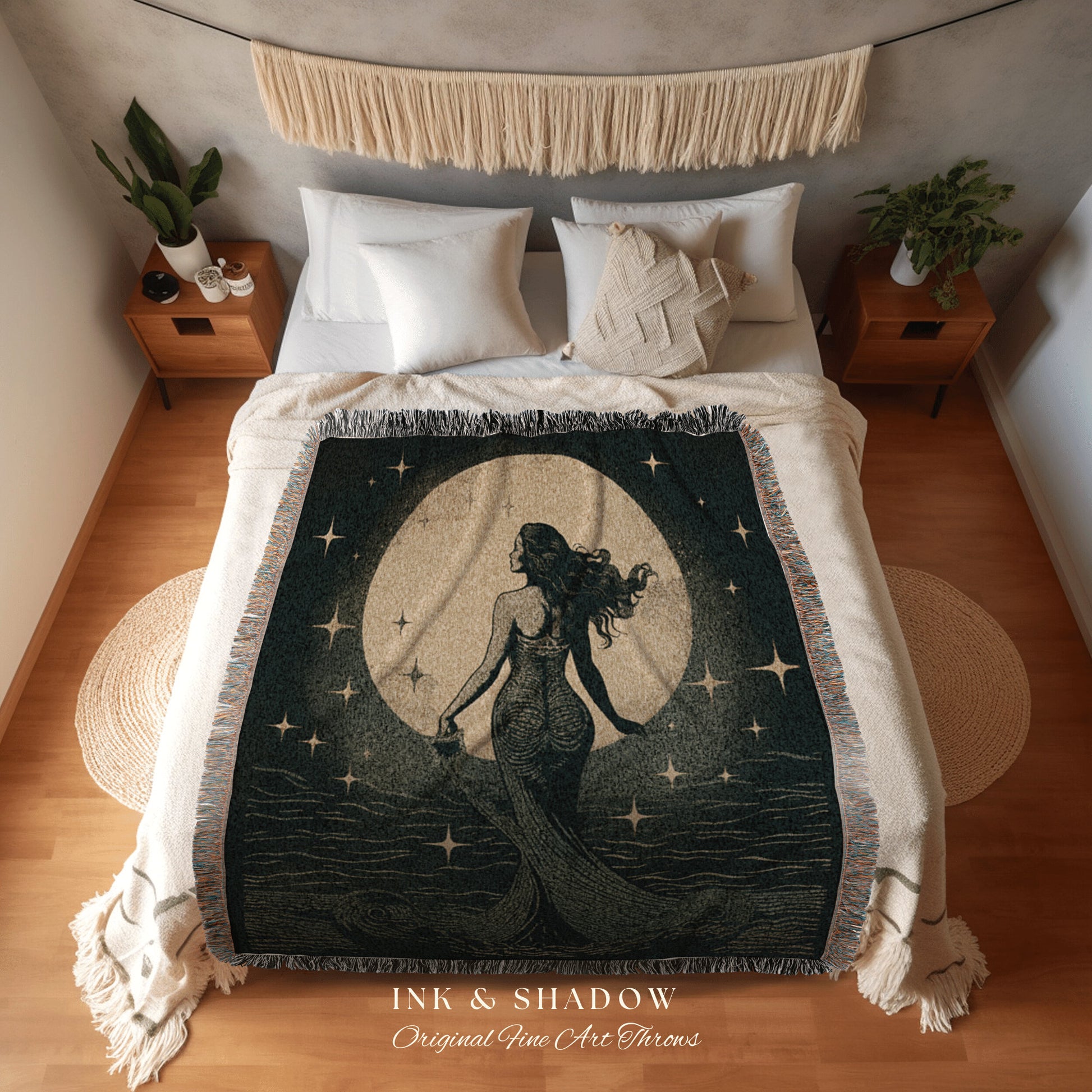 Ethereal Mermaid Blanket Woven Tapestry | Celestial Mermaid Decor Woven Blanket Vintage Mermaidcore Aesthetic Dorm Room Tapestry Witchy Art