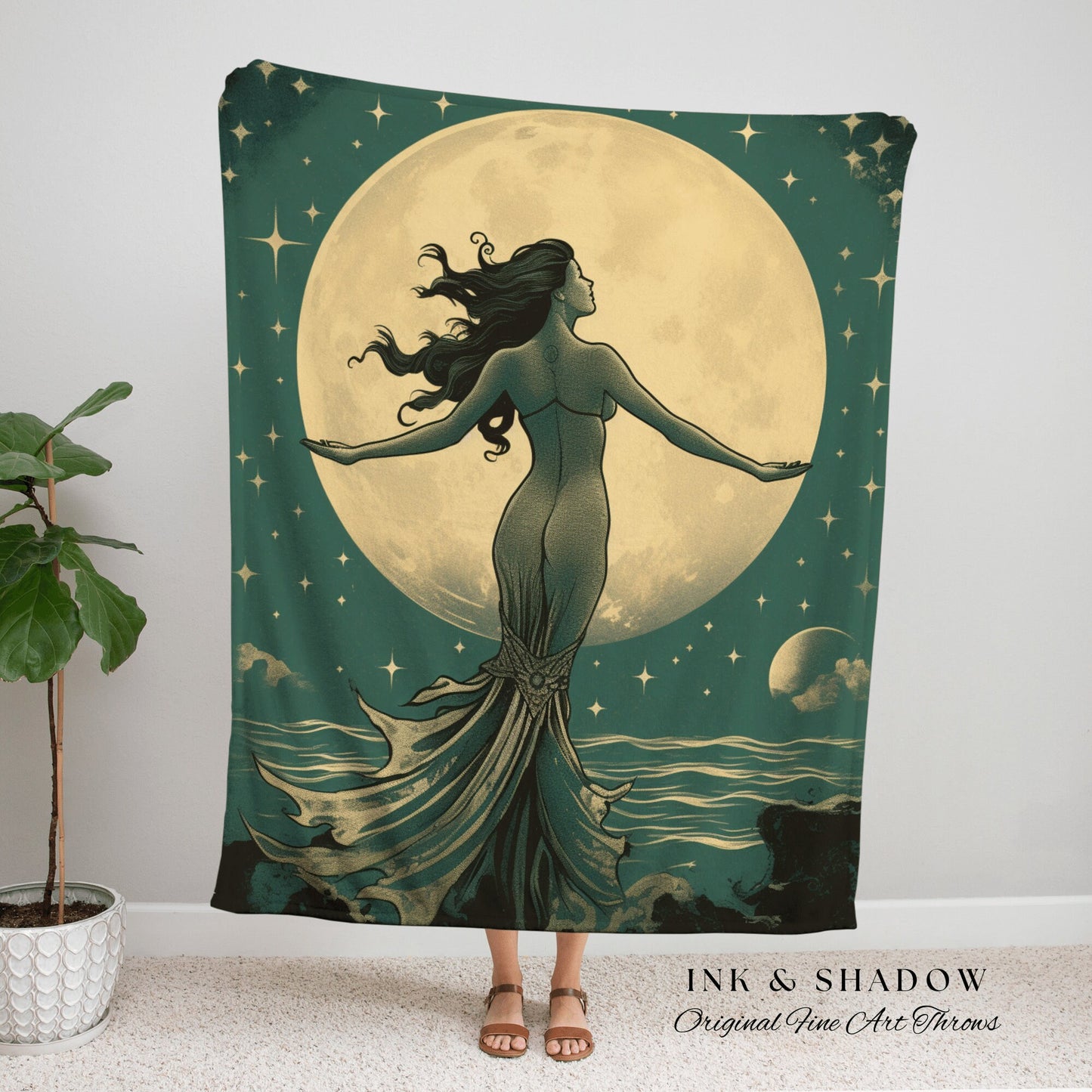 Full Moon Mermaid Blanket | Woven Tapestry Celestial Mermaid Decor Woven Blanket Vintage Mermaidcore Aesthetic Dorm Room Tapestry Witchy Art