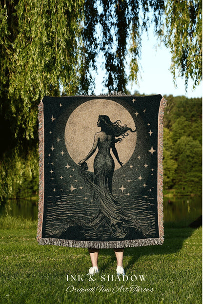 Vintage Siren Wall Art Mermaid Tapestry Woven Blanket | Celestial Mermaid Decor Woven Blanket Vintage Mermaidcore Aesthetic Dorm Tapestry |