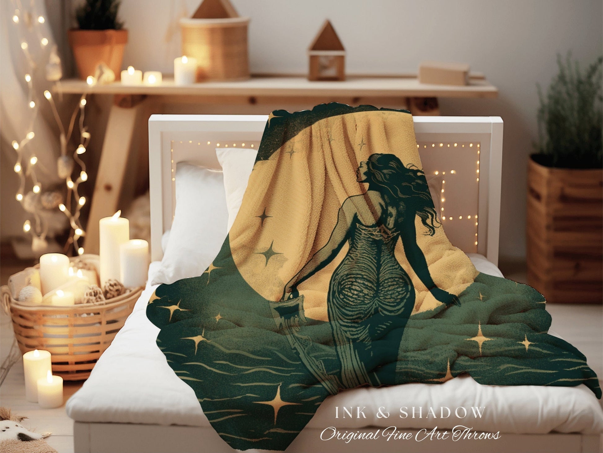 Ethereal Mermaid Blanket Woven Tapestry | Celestial Mermaid Decor Woven Blanket Vintage Mermaidcore Aesthetic Dorm Room Tapestry Witchy Art