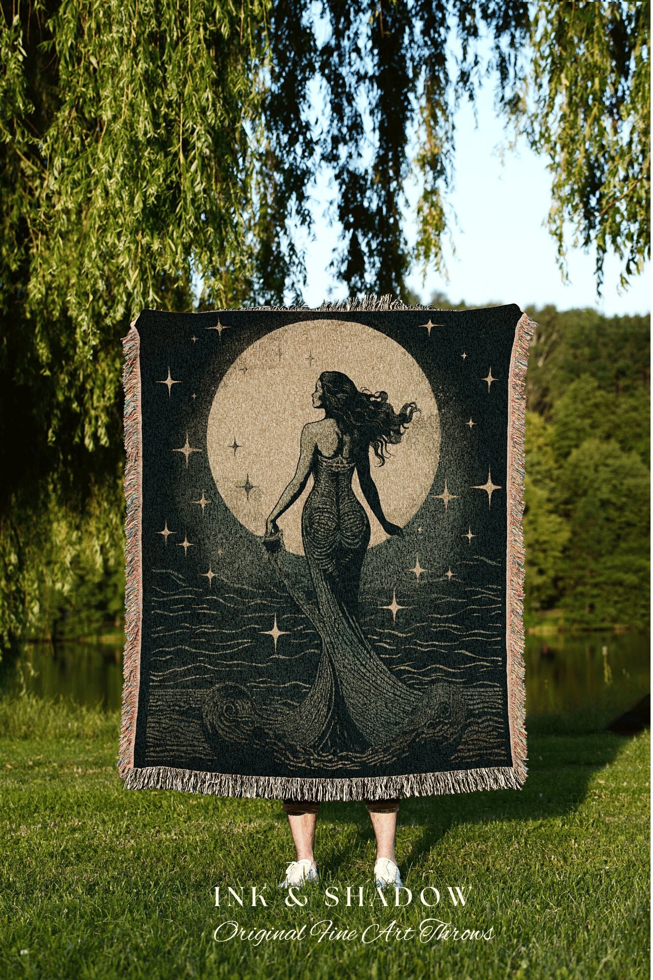 Ethereal Mermaid Blanket Woven Tapestry | Celestial Mermaid Decor Woven Blanket Vintage Mermaidcore Aesthetic Dorm Room Tapestry Witchy Art