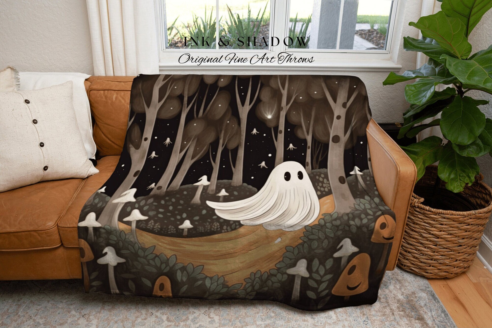 Woodland Mushroom Blanket Woven | Dark Cottagecore Room Decor Whimsical Wall Art Woodland Ghost Painting Mushroom Wall Art Whimsigoth Decor