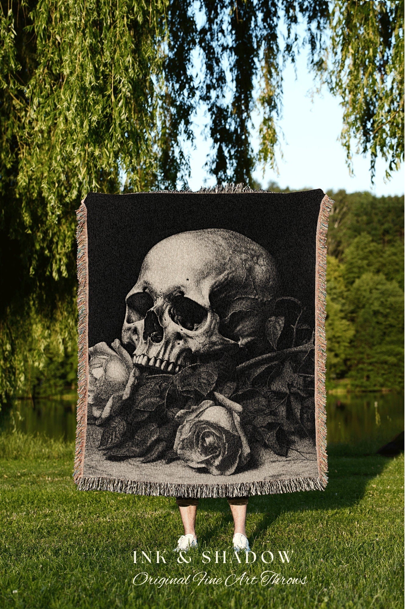 Gothic Room Decor Skull Tapestry Woven Wall Hanging | Gothic Renaissance Blanket Woven | Whimsigoth Room Decor Dark Floral Aesthetic Blanket