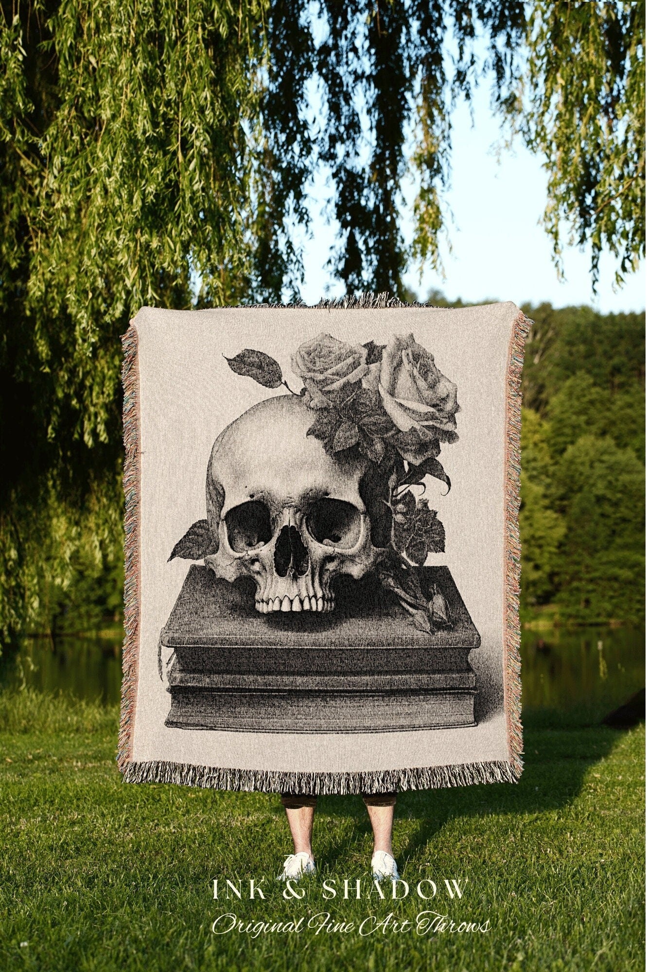 Macabre Tapestry Gothic Room Decor Skull Tapestry Woven Wall Hanging | Renaissance Art Blanket Woven | Whimsigoth Room Decor Floral Blanket