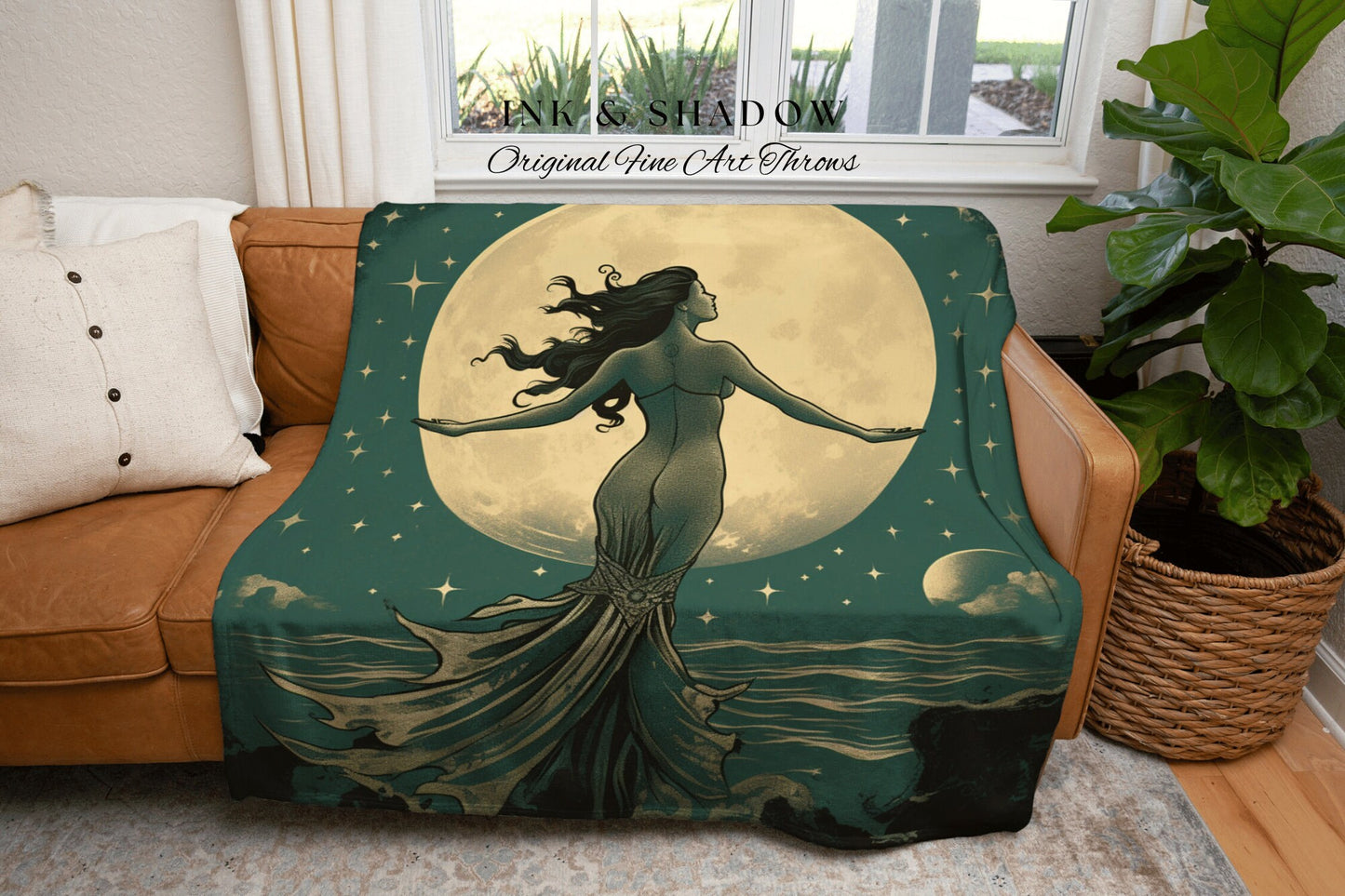 Full Moon Mermaid Blanket | Woven Tapestry Celestial Mermaid Decor Woven Blanket Vintage Mermaidcore Aesthetic Dorm Room Tapestry Witchy Art