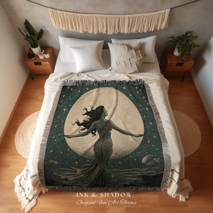 Full Moon Mermaid Blanket | Woven Tapestry Celestial Mermaid Decor Woven Blanket Vintage Mermaidcore Aesthetic Dorm Room Tapestry Witchy Art