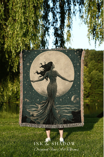 Full Moon Mermaid Blanket | Woven Tapestry Celestial Mermaid Decor Woven Blanket Vintage Mermaidcore Aesthetic Dorm Room Tapestry Witchy Art