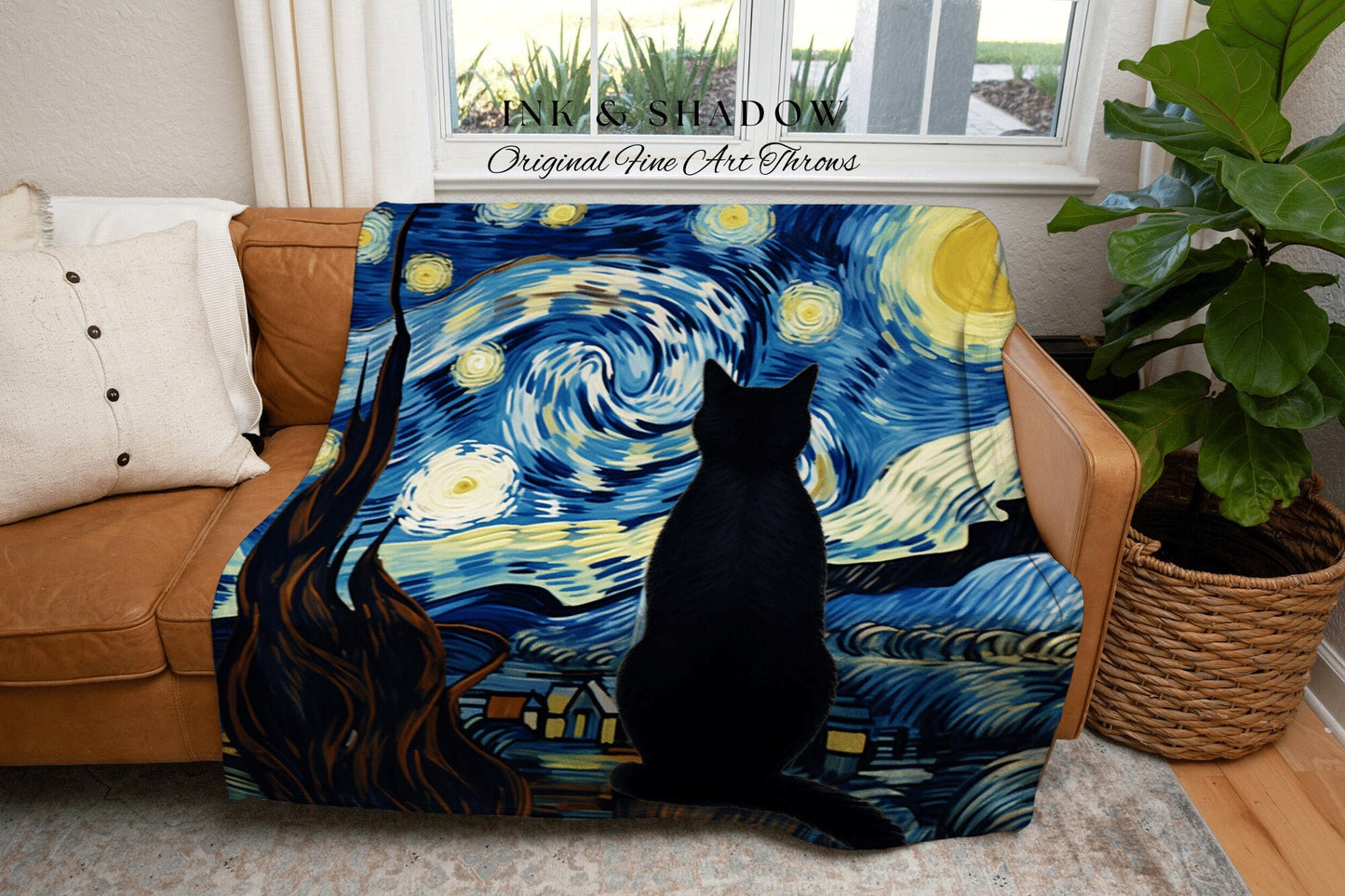 Starry Night Black Cat Tapestry | Funny Tapestry Van Gogh Inspired Throw Blanket Woven Wall Art Cat Painting Eclectic Decor Fine Art Blanket