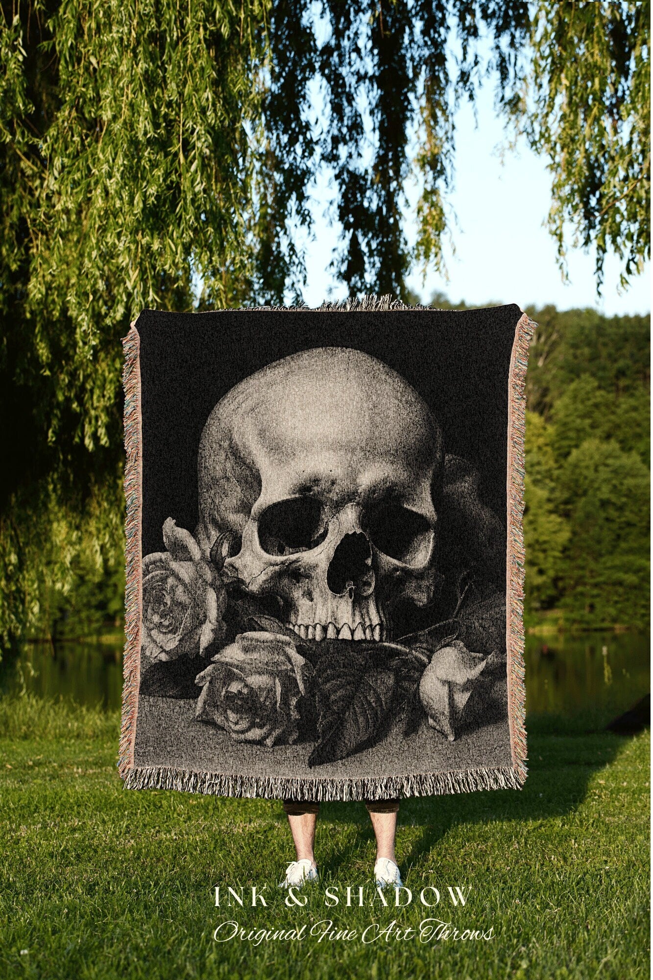 Skull Tapestry Woven Blanket | Gothic Room Decor Skull Tapestry Woven Wall Hanging | Renaissance Art Blanket Woven | Whimsigoth Room Decor |