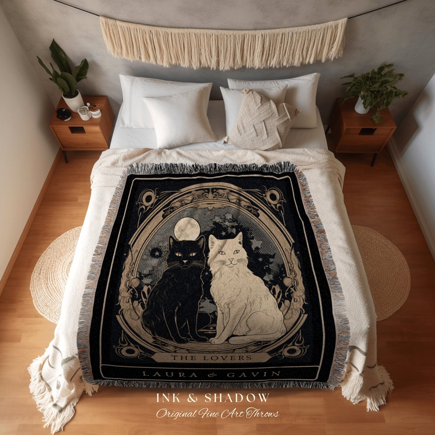 The Lovers Tarot Custom Cat Couple Tarot Tapestry Personalized Anniversary Gift Celestial Art Nouveau Aesthetic Custom Couples Cat Blanket