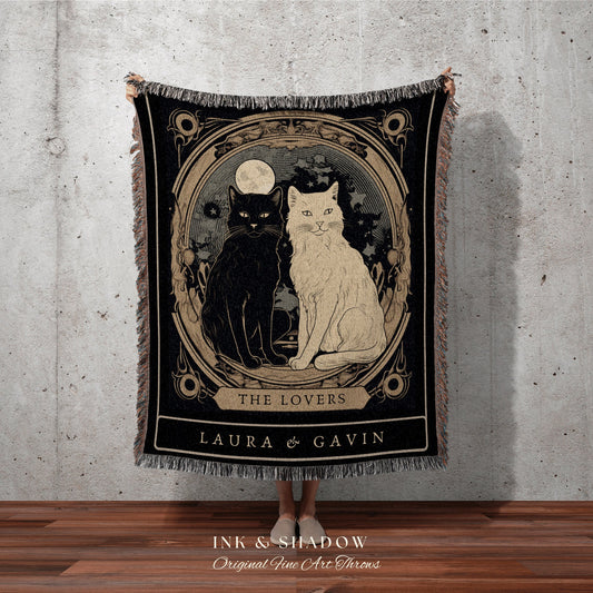 The Lovers Tarot Custom Cat Couple Tarot Tapestry Personalized Anniversary Gift Celestial Art Nouveau Aesthetic Custom Couples Cat Blanket