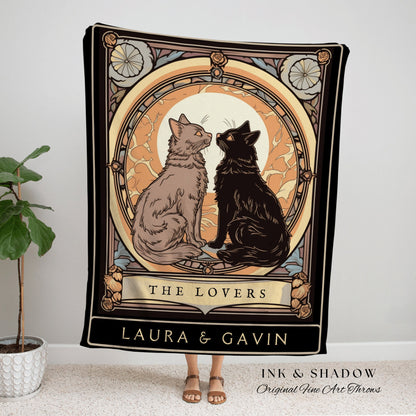 Custom Tarot Cat Tapestry | Cat Couple Tarot Card Blanket Personalized Anniversary Gift | Celestial Art Nouveau Tarot Card Custom Couples |