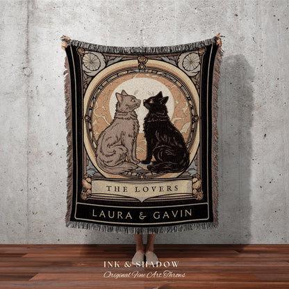 Custom Tarot Cat Tapestry | Cat Couple Tarot Card Blanket Personalized Anniversary Gift | Celestial Art Nouveau Tarot Card Custom Couples |