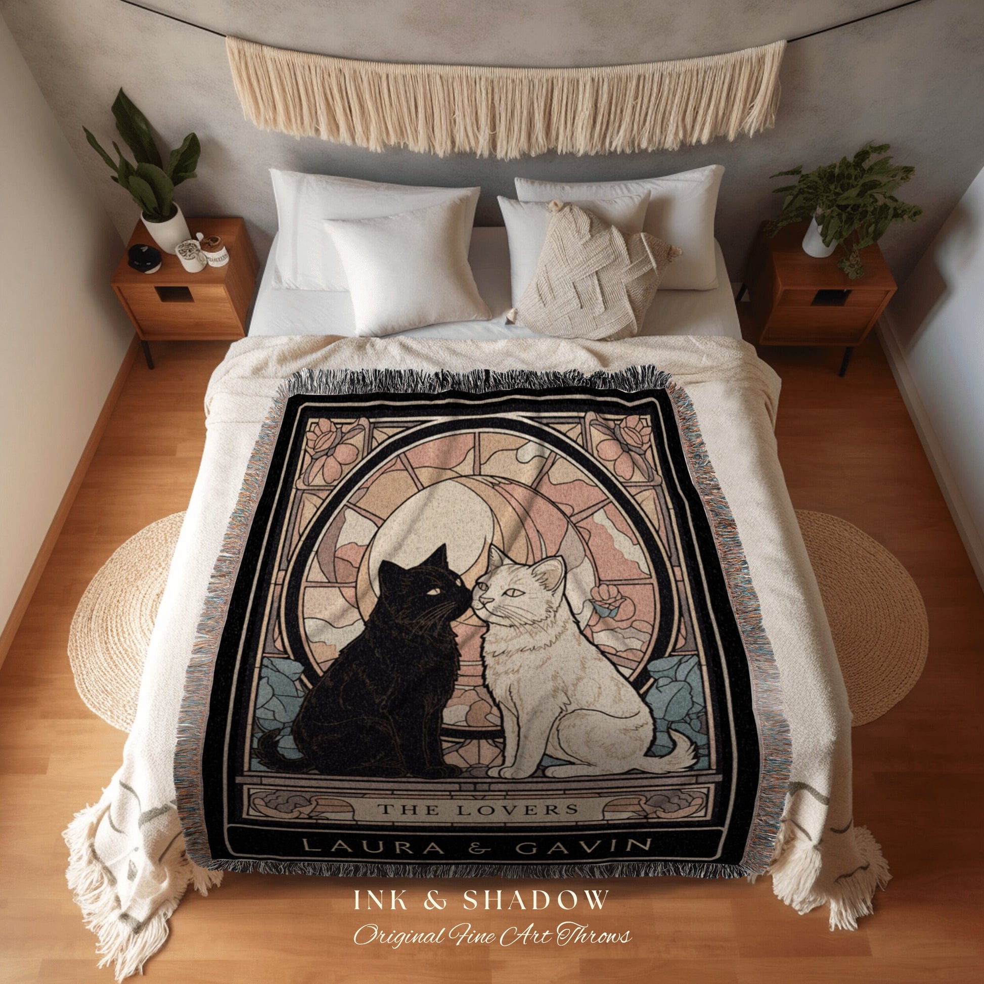 Tarot Cat Blanket 'The Lovers' | Cat Couple Tarot Tapestry Personalized Anniversary Gift | Celestial Art Nouveau Tarot Card Custom Couples