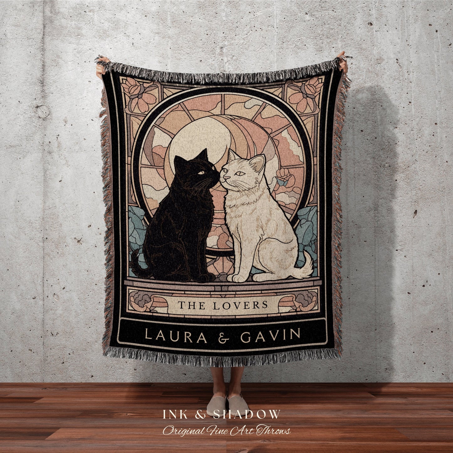 Tarot Cat Blanket 'The Lovers' | Cat Couple Tarot Tapestry Personalized Anniversary Gift | Celestial Art Nouveau Tarot Card Custom Couples