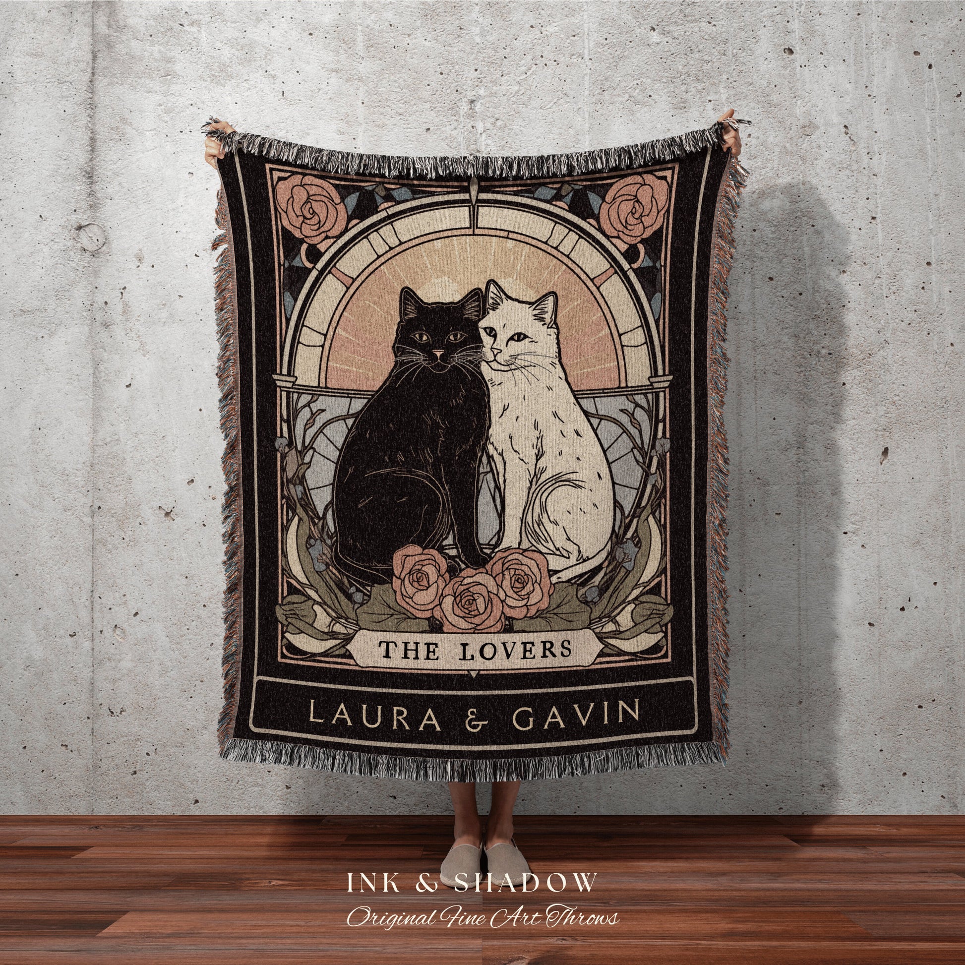 Celestial Wedding Tapestry | Cat Couple Tarot Card Blanket Personalized Anniversary Gift | Celestial Art Nouveau Tarot Card Custom Couples |