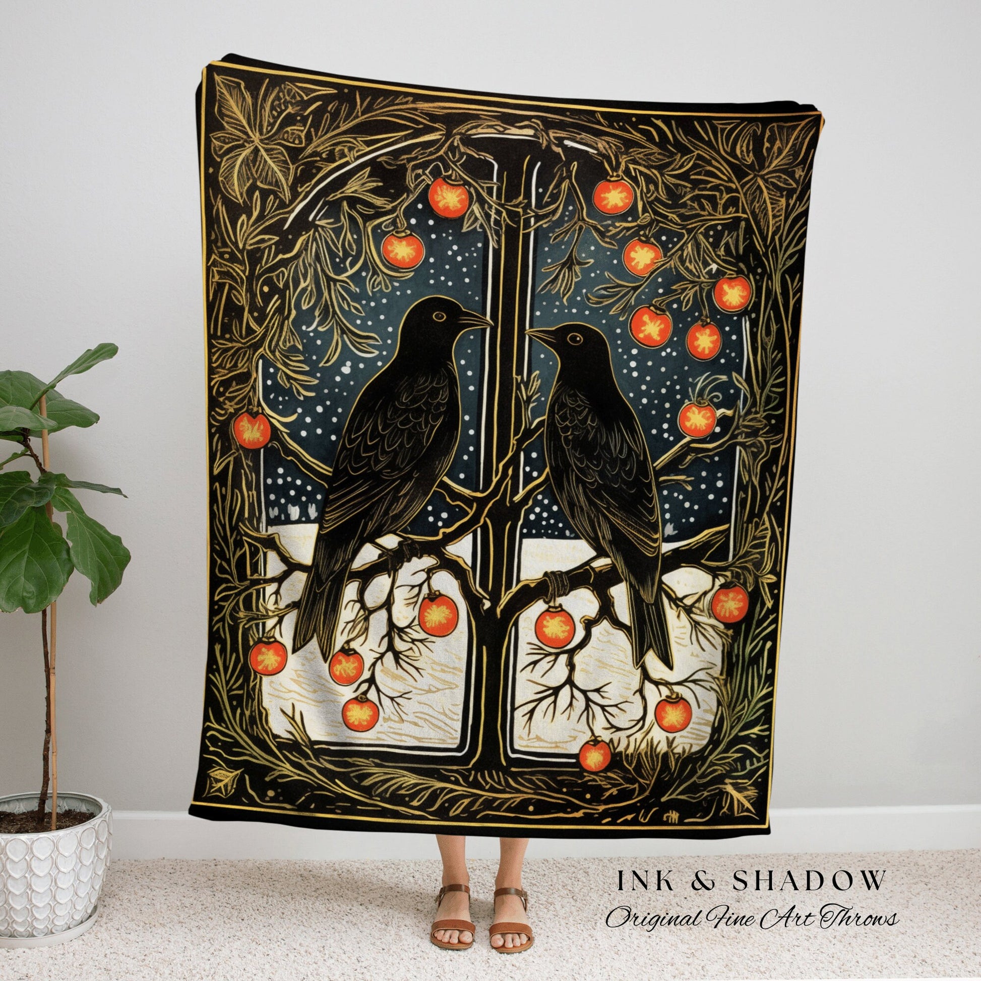 Winter Crow Blanket Vintage Christmas Decor Tapestry Whimsigoth Blanket | Gothic Christmas Tapestry Raven Decor Crowcore Room Decor Blanket