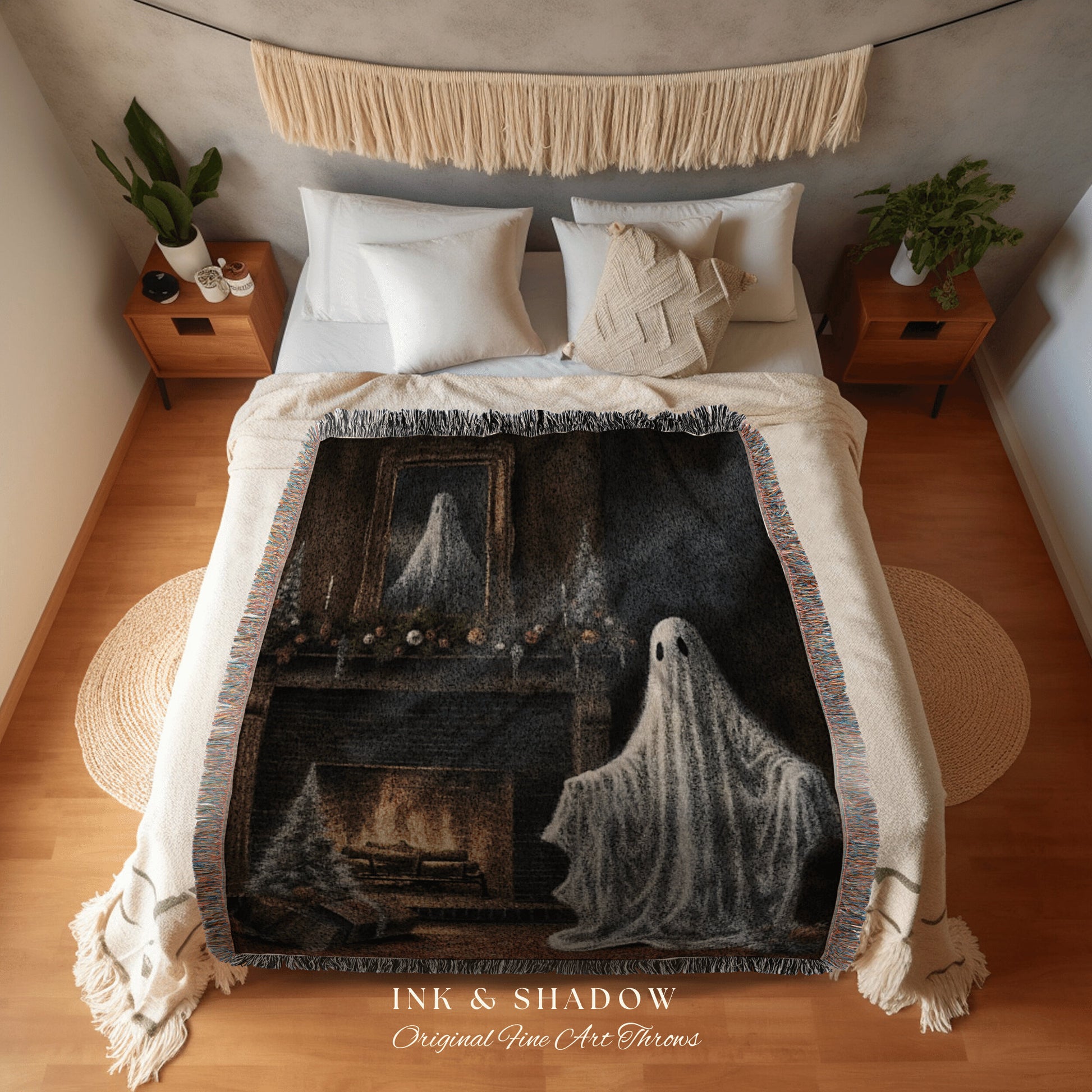 Cozy Fireplace Ghost Blanket Goth Christmas Blanket Woven Tapestry | Throw Blanket Winter Holiday Home Decor Christmas Spooky Cute Ghost Art