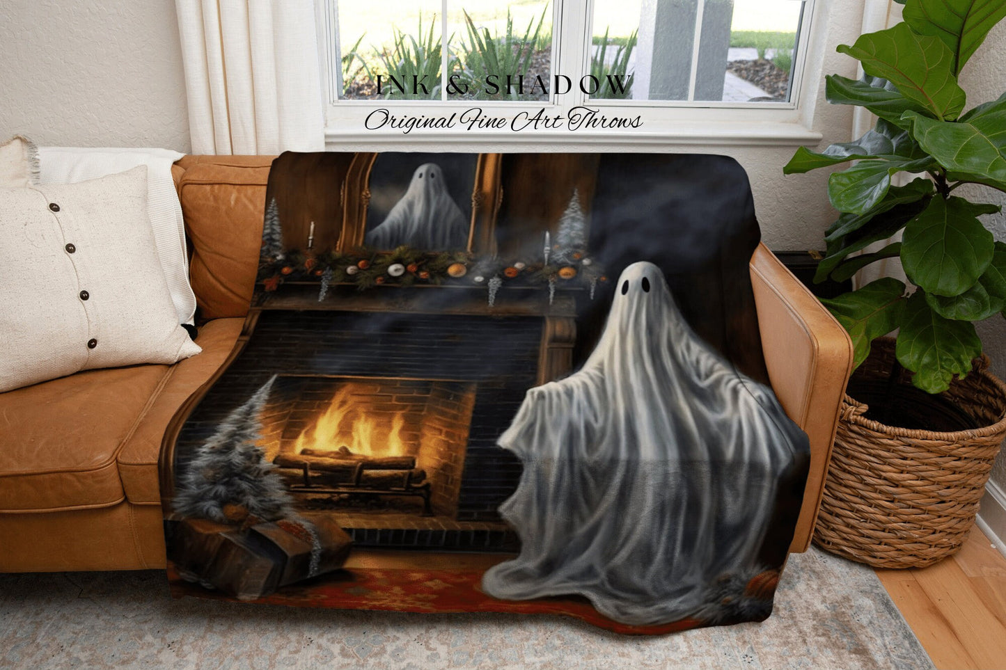 Cozy Fireplace Ghost Blanket Goth Christmas Blanket Woven Tapestry | Throw Blanket Winter Holiday Home Decor Christmas Spooky Cute Ghost Art