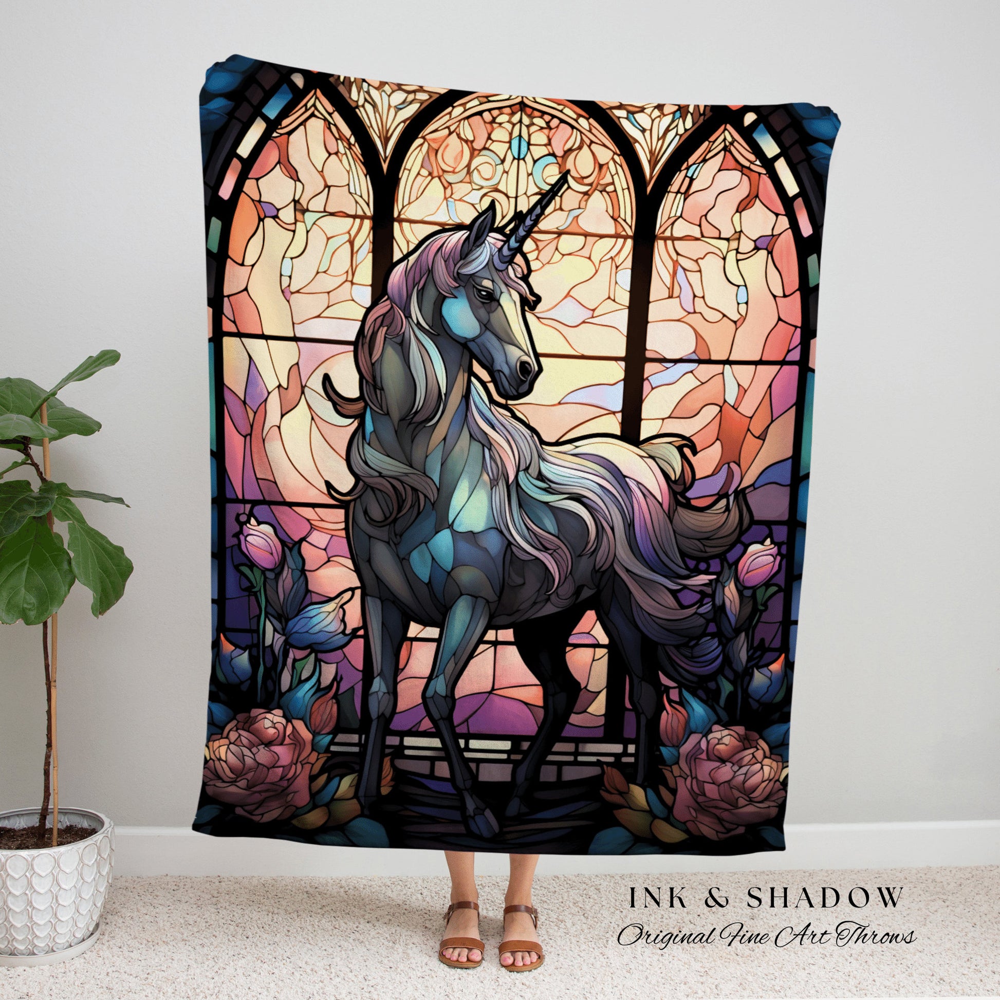 Stained Glass Unicorn Tapestry Woven Blanket | Decor Vintage Unicorn Wall Art Ethereal Tapestry | Magical Unicorn Room Decor Mystical Art |