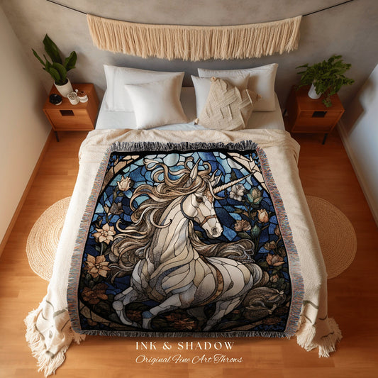 Navy Blue Unicorn Blanket | Vintage Unicorn Decor Stained Glass Unicorn Wall Art Ethereal Tapestry Woven | Magical Unicorn Room Decor Mystic