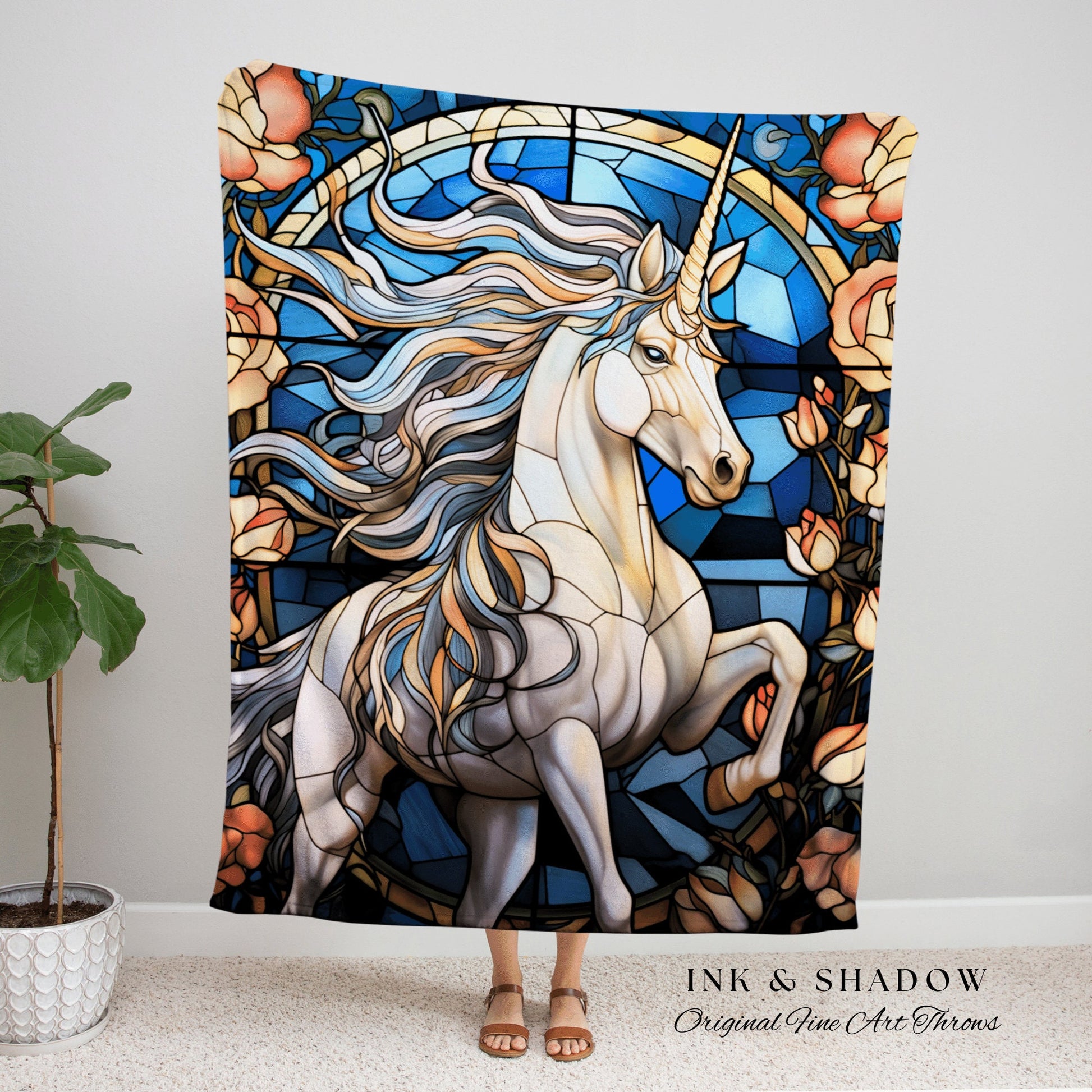 Stained Glass Unicorn Blanket Woven Tapestry | Vintage Unicorn Art Ethereal Tapestry Woven | Magical Unicorn Room Decor Mythical Wall Art |