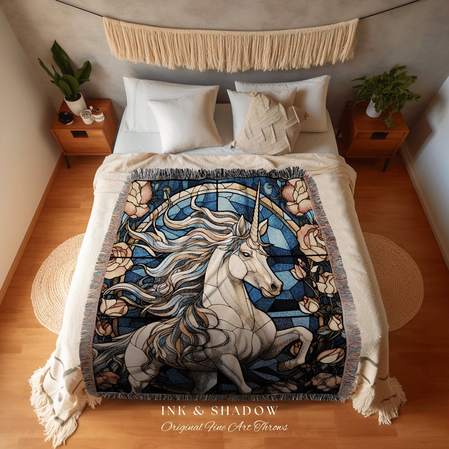 Stained Glass Unicorn Blanket Woven Tapestry | Vintage Unicorn Art Ethereal Tapestry Woven | Magical Unicorn Room Decor Mythical Wall Art |