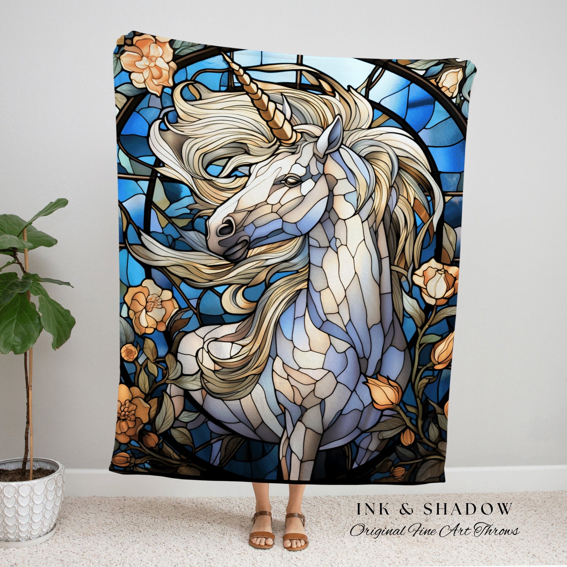 Ethereal Unicorn Tapestry Woven Blanket | Vintage Decor Stained Glass Unicorn Wall Art Ethereal Tapestry Magical Unicorn Room Decor Mystical