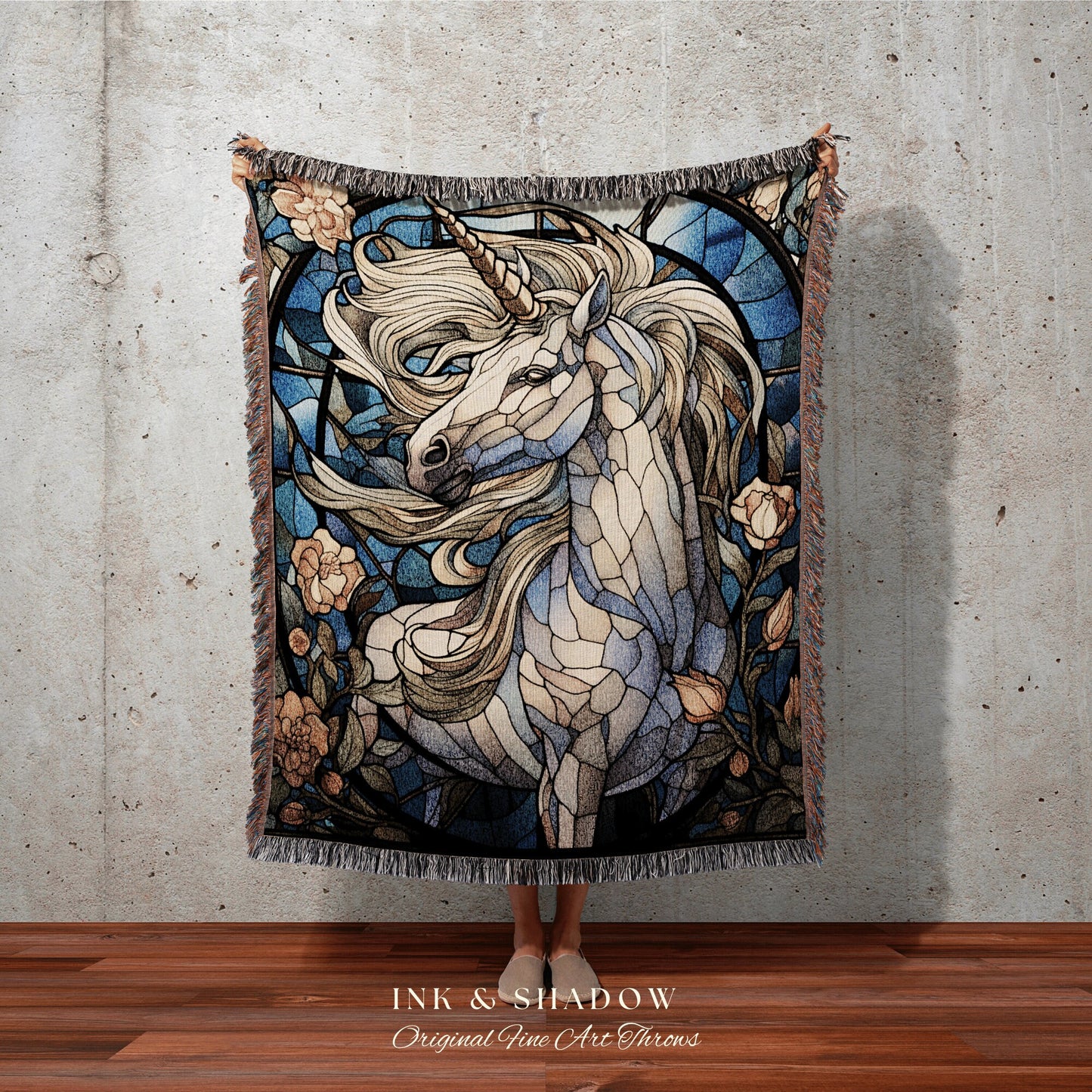 Ethereal Unicorn Tapestry Woven Blanket | Vintage Decor Stained Glass Unicorn Wall Art Ethereal Tapestry Magical Unicorn Room Decor Mystical