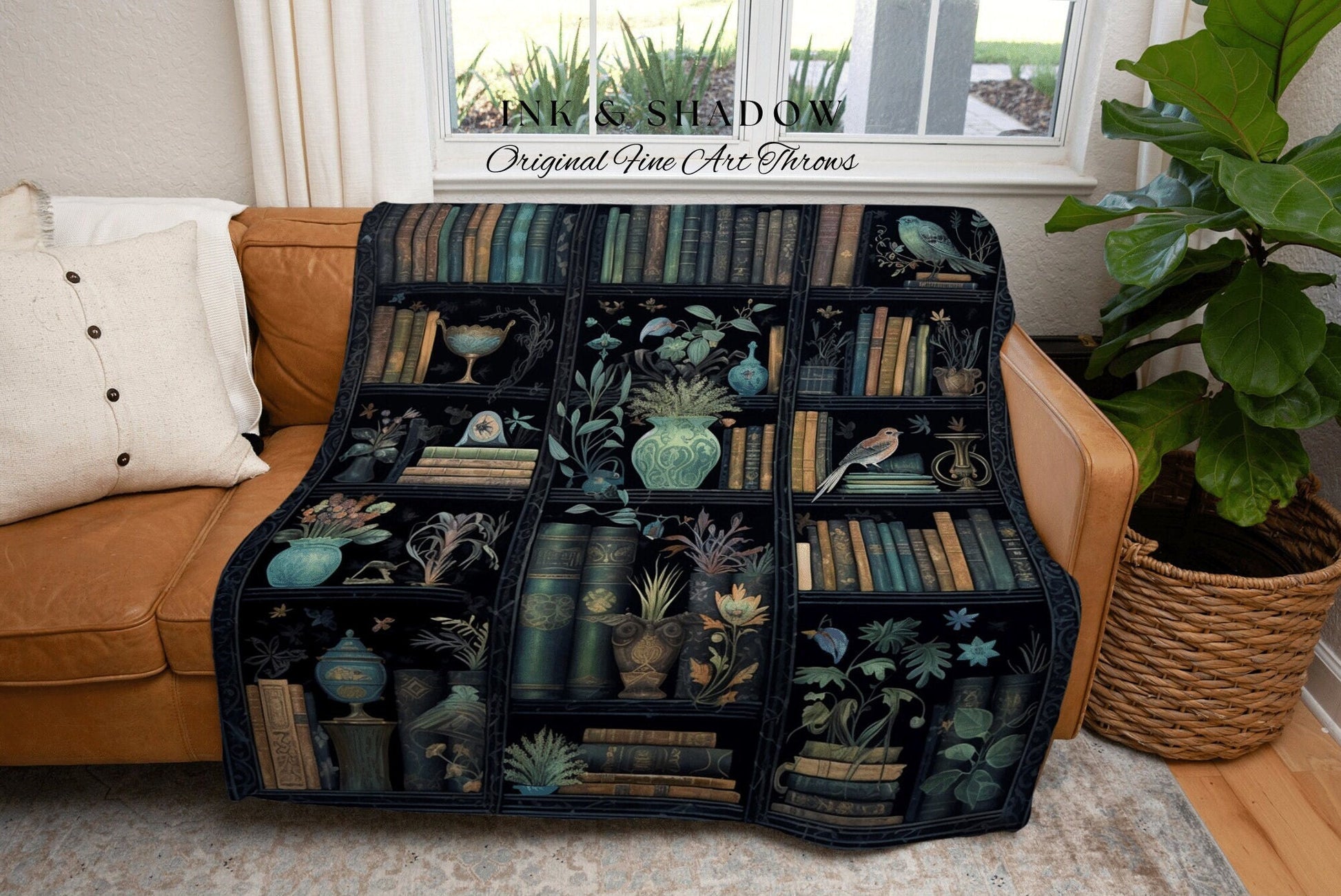 Dark Academia Bookshelf Blanket | Throw Blanket Goth Home Decor Dark Academia Book Lovers Gift Witchy Room Decor Vintage Book Lover Blanket