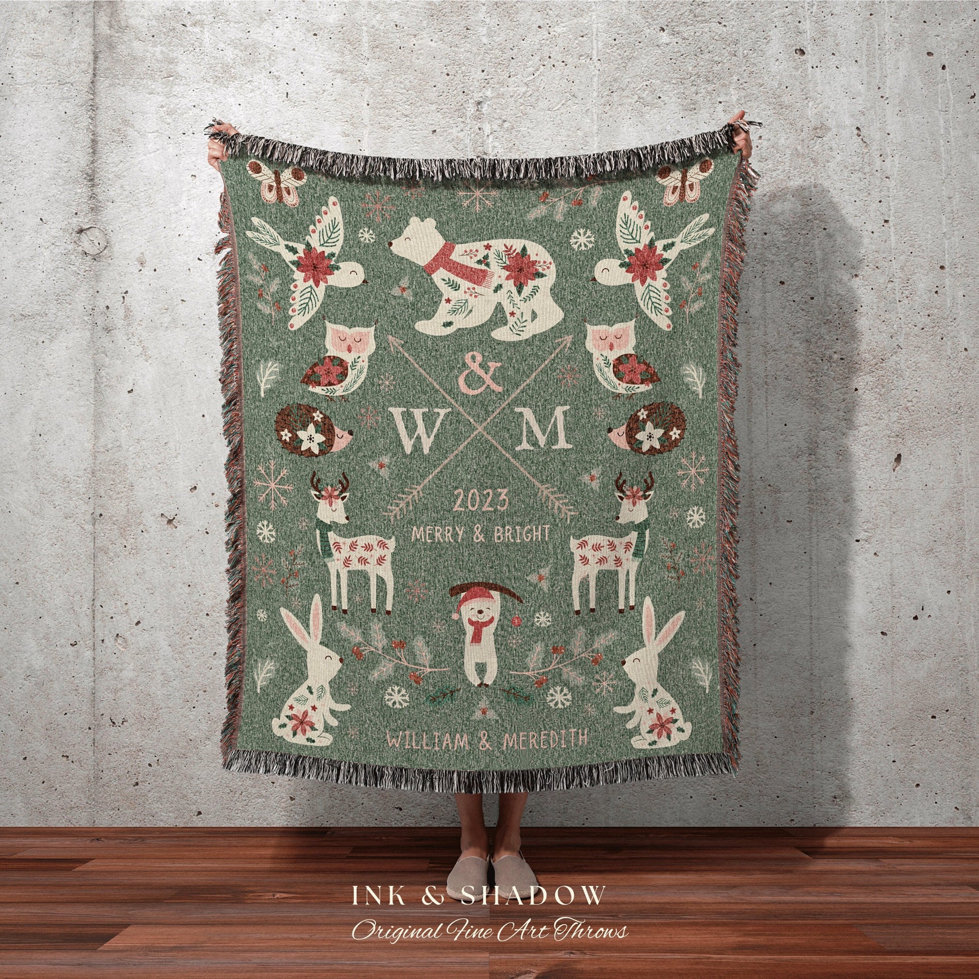 Holiday Wedding Gift Personalized Anniversary Blanket Woven Tapestry | Custom Winter Wedding Anniversary Gift Blanket Custom Initials Gift |