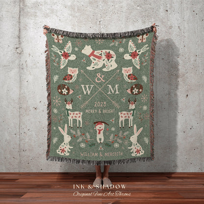 Holiday Wedding Gift Personalized Anniversary Blanket Woven Tapestry | Custom Winter Wedding Anniversary Gift Blanket Custom Initials Gift |