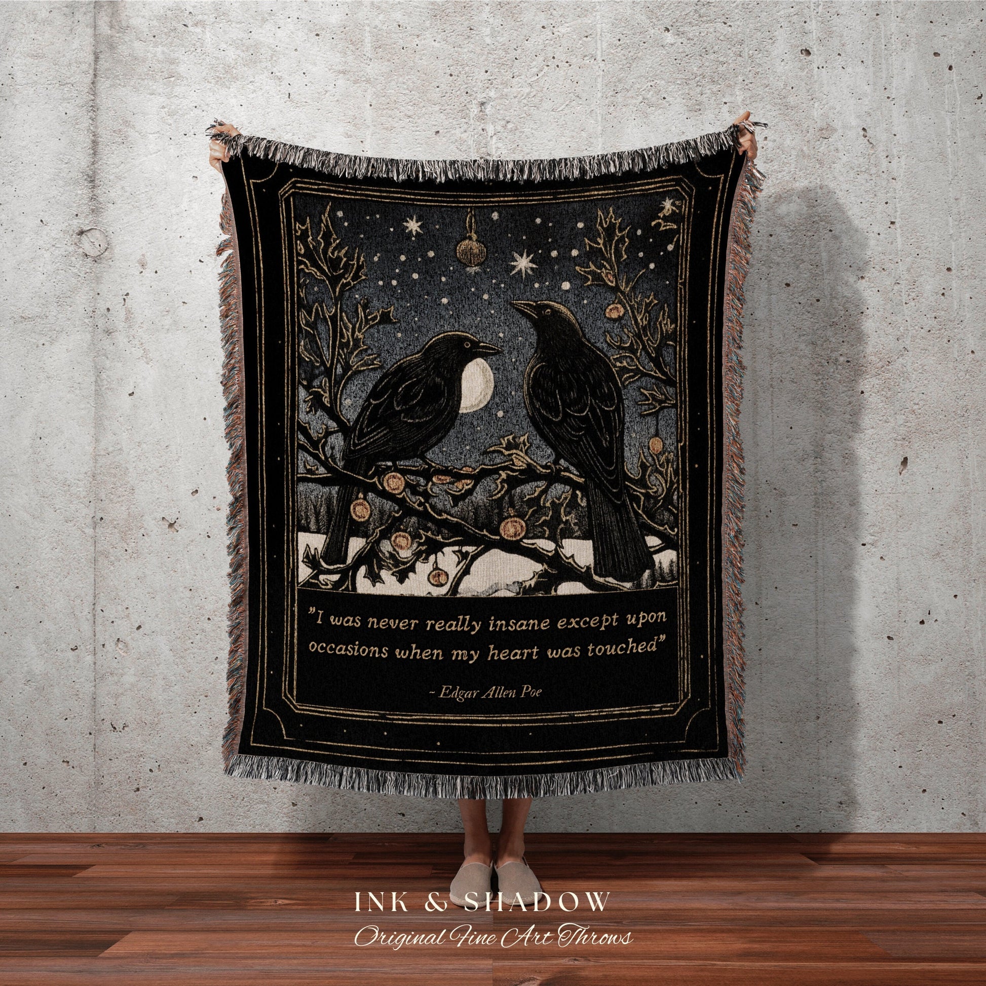 The Raven Custom Poem Blanket | Crowcore Tapestry Vintage Blanket Woven | Black Crow Raven Poe Tapestry Gothic Throw Blanket Book Lover Art