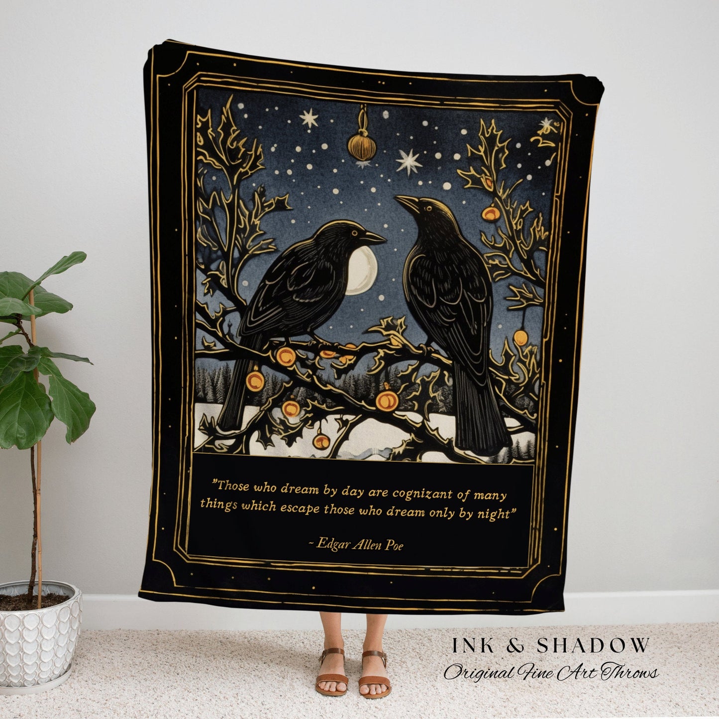 Personalized Poe Quote Blanket | Crowcore Tapestry Vintage Blanket Woven | Black Crow Raven Poe Tapestry Gothic Throw Blanket Book Lover Art