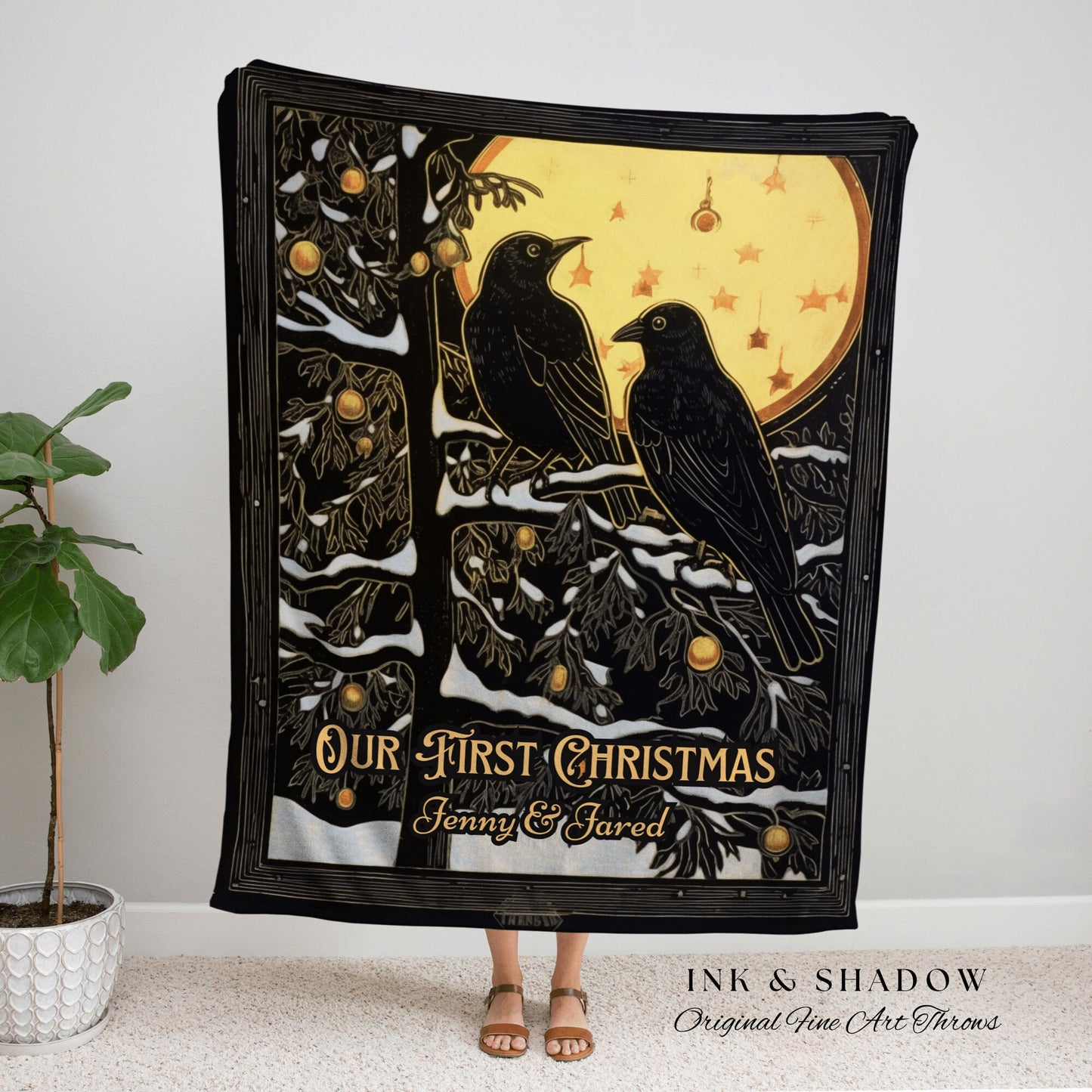 Witchy Christmas Blanket | Dark Academia Home Decor Goth Christmas Tapestry Dark Cottagecore | Vintage Occult Tapestry Black Crow Raven Art