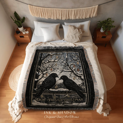 Winter Crowcore Blanket | Dark Academia Home Decor Goth Christmas Tapestry Dark Cottagecore | Vintage Occult Tapestry Black Crow Raven Art |