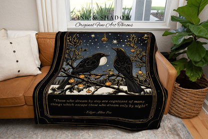 Personalized Poe Quote Blanket | Crowcore Tapestry Vintage Blanket Woven | Black Crow Raven Poe Tapestry Gothic Throw Blanket Book Lover Art