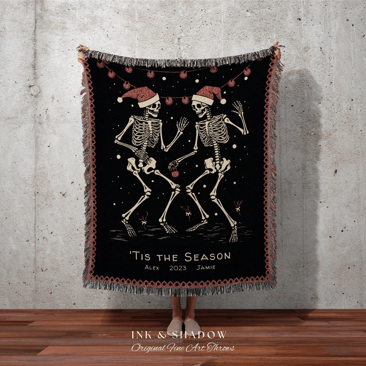 Spooky Christmas Skeletons | Personalized Christmas Gift for Best Friend Blanket Woven Tapestry | Holiday Custom Name Blanket Spooky Cute |