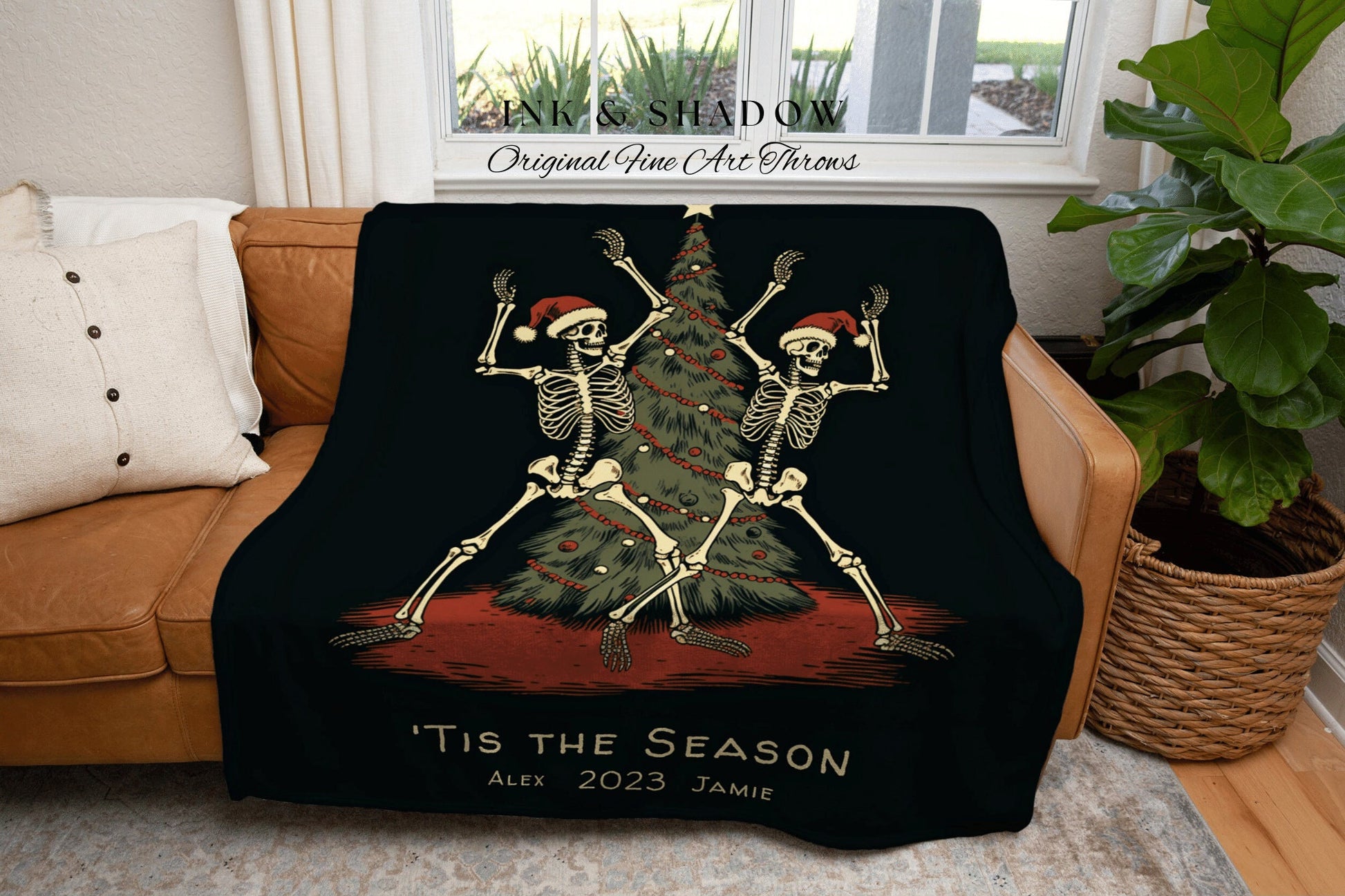 Dancing Skeletons Holiday Blanket | Custom Christmas Gift for Best Friend Blanket Woven Tapestry | Holiday Custom Name Blanket Spooky Cute |