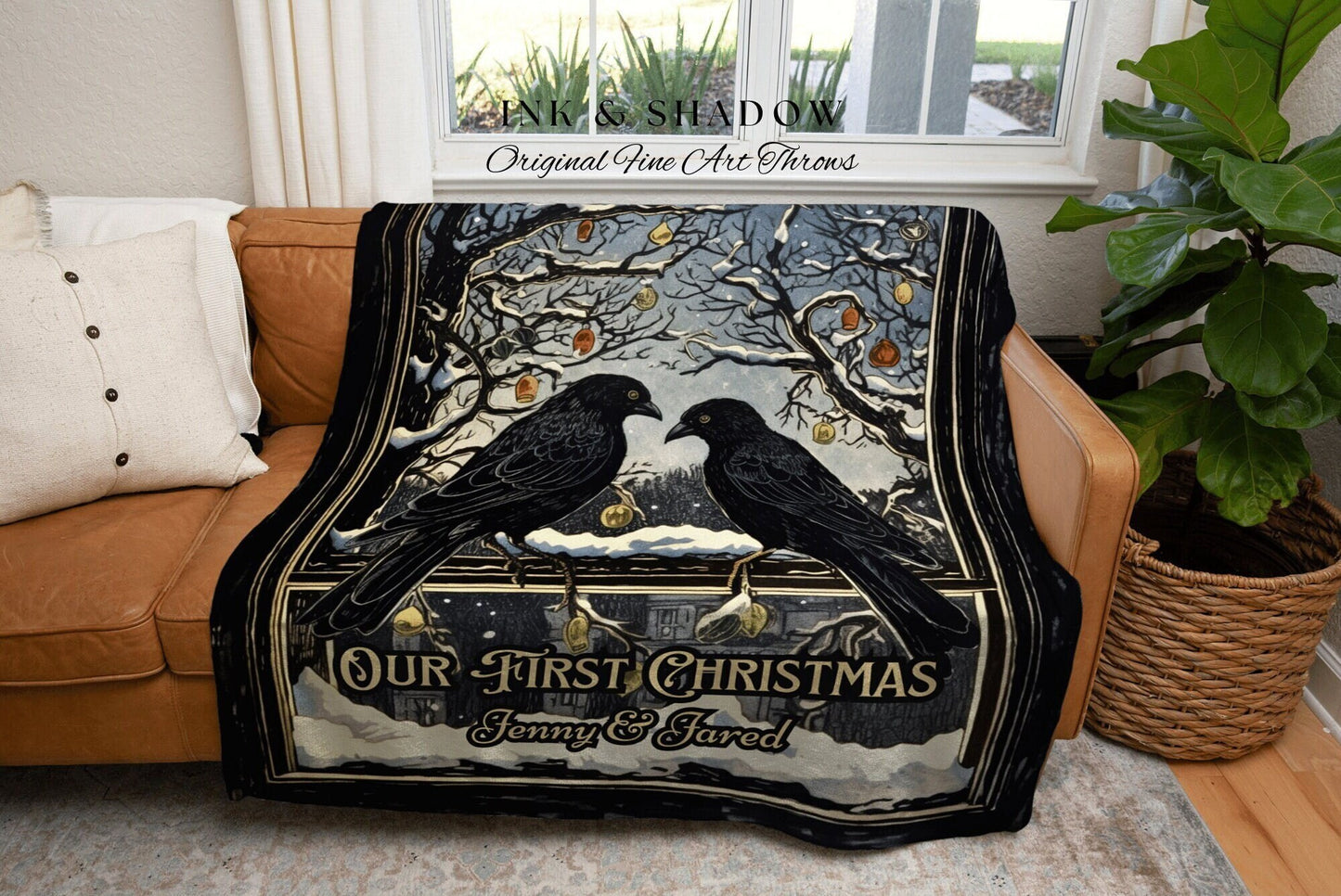 Winter Crowcore Blanket | Dark Academia Home Decor Goth Christmas Tapestry Dark Cottagecore | Vintage Occult Tapestry Black Crow Raven Art |