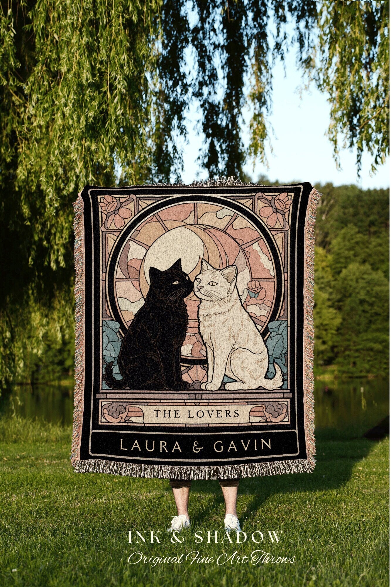 Tarot Cat Blanket 'The Lovers' | Cat Couple Tarot Tapestry Personalized Anniversary Gift | Celestial Art Nouveau Tarot Card Custom Couples