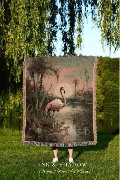 Flamingo Blanket Woven | Jungle Painting Wall Art Beachy Blanket Woven | Flamingo Home Decor Beach House Blanket Tropical Jungle Tapestry |