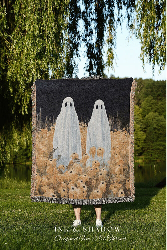 Ghost Couple Tapestry | Indie Room Decor Vintage Halloween Tapestry Woven Blanket Ghost Friends | Haunted Forest Ghost Blanket Occult Decor