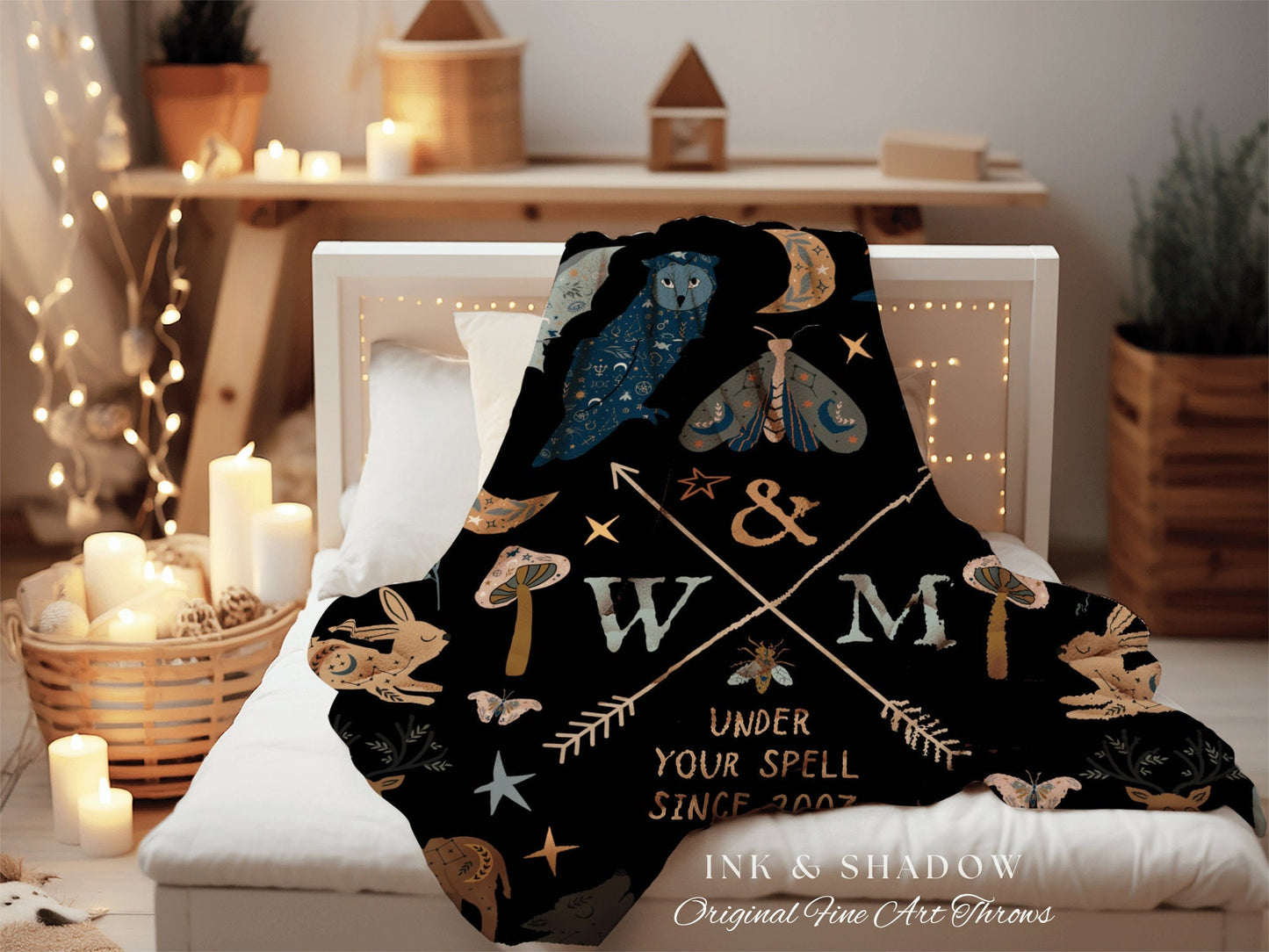 Mystical Couples Blanket Personalized Initials Tapestry Woven Blanket | Custom Anniversary Blanket Witchy Gift for Goth Couple Monogram Gift