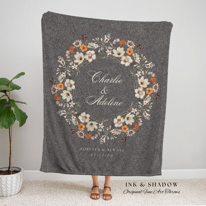 Floral Wedding Blanket Custom | Personalized Last Name Gift Blanket Wedding Monogram Custom Anniversary His and Hers Initial Tapestry Custom