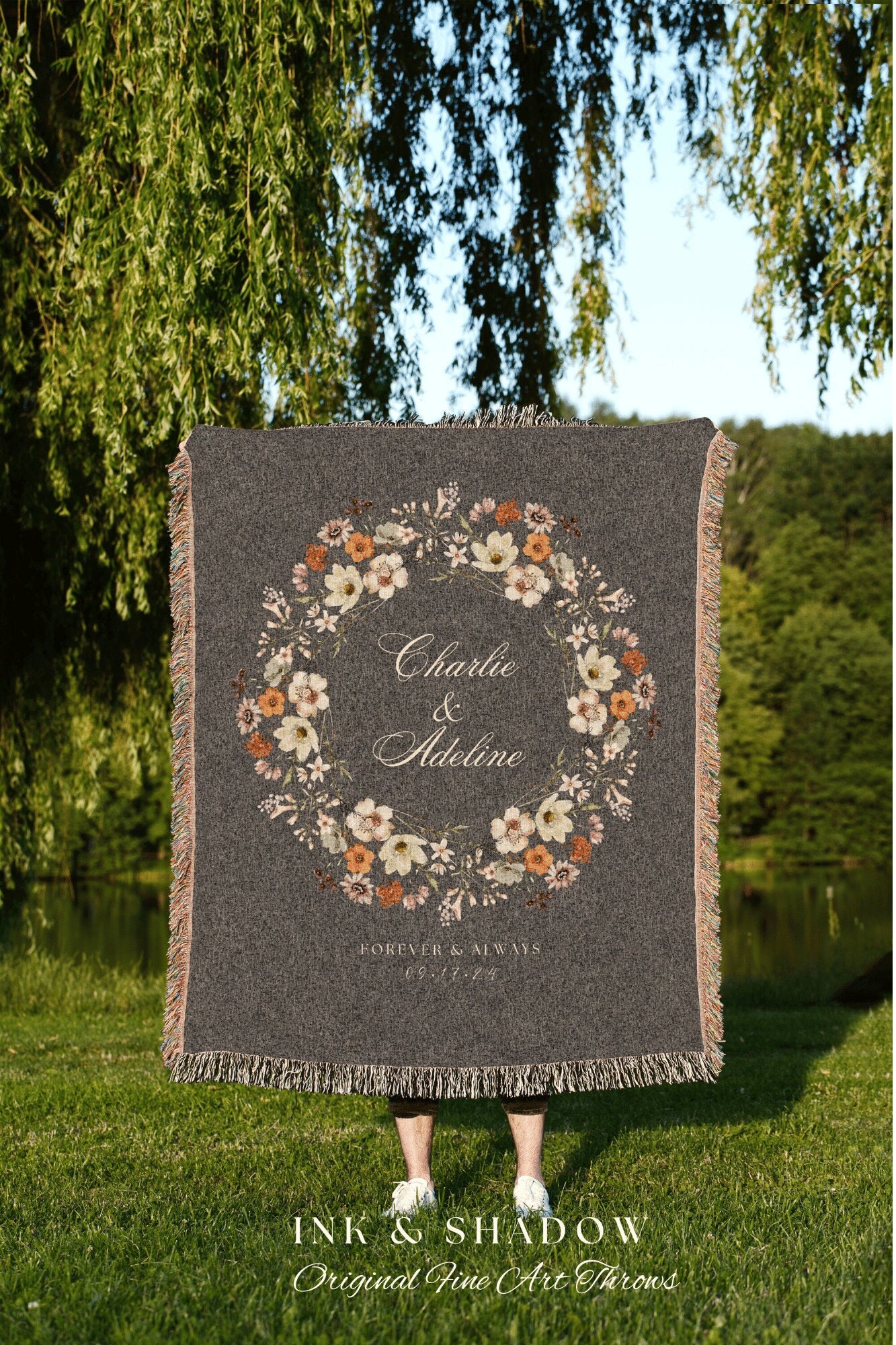 Floral Wedding Blanket Custom | Personalized Last Name Gift Blanket Wedding Monogram Custom Anniversary His and Hers Initial Tapestry Custom