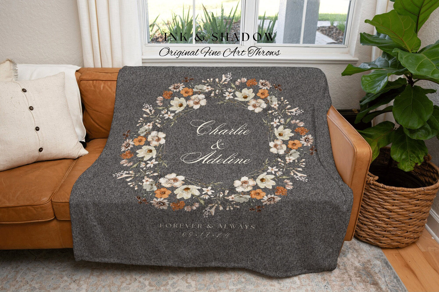 Floral Wedding Blanket Custom | Personalized Last Name Gift Blanket Wedding Monogram Custom Anniversary His and Hers Initial Tapestry Custom