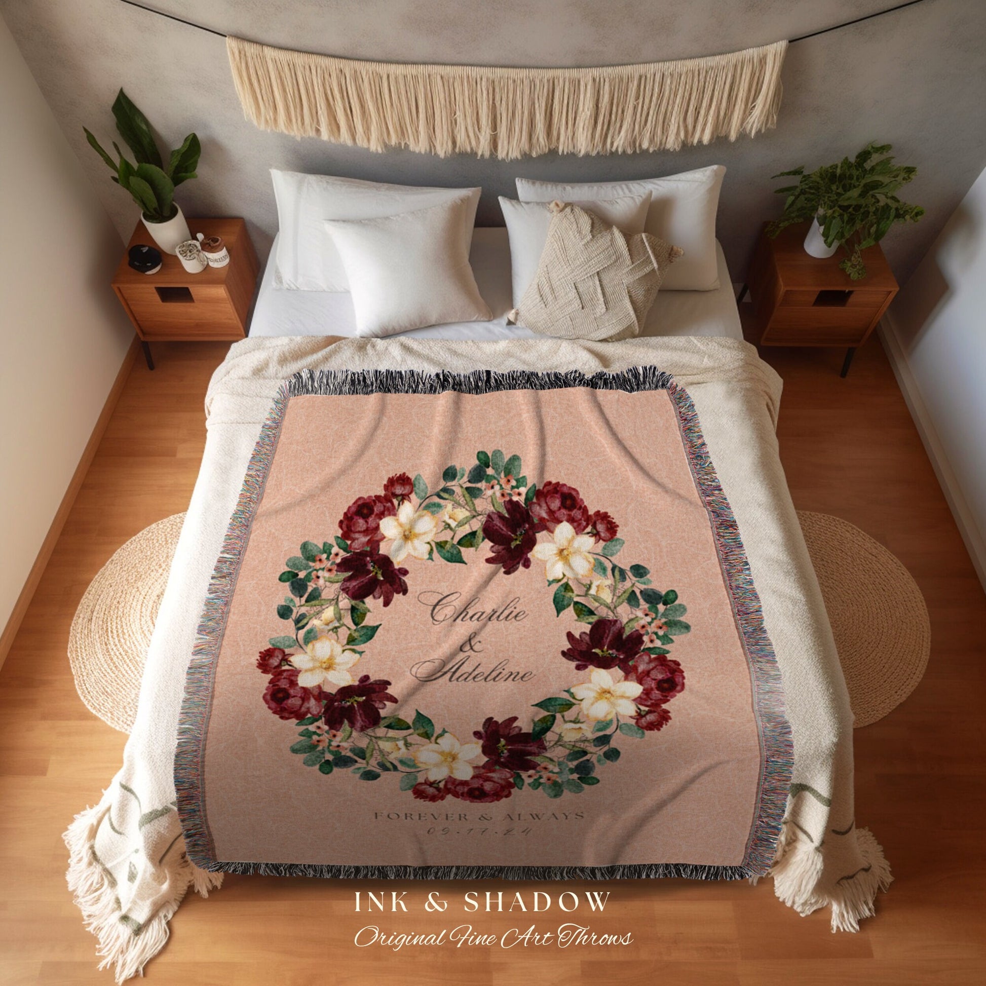 Couples Anniversary Blanket | Custom Wreath Monogram Blanket Woven Tapestry Personalized Initials Gift Cottagecore Wedding Anniversary Gift