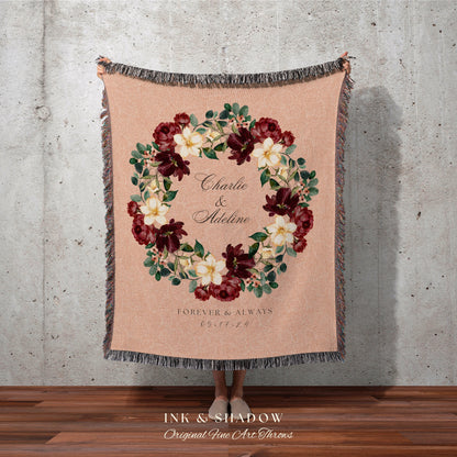 Couples Anniversary Blanket | Custom Wreath Monogram Blanket Woven Tapestry Personalized Initials Gift Cottagecore Wedding Anniversary Gift