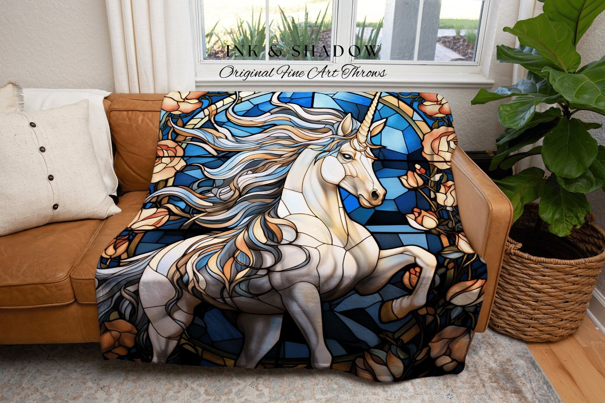 Stained Glass Unicorn Blanket Woven Tapestry | Vintage Unicorn Art Ethereal Tapestry Woven | Magical Unicorn Room Decor Mythical Wall Art |